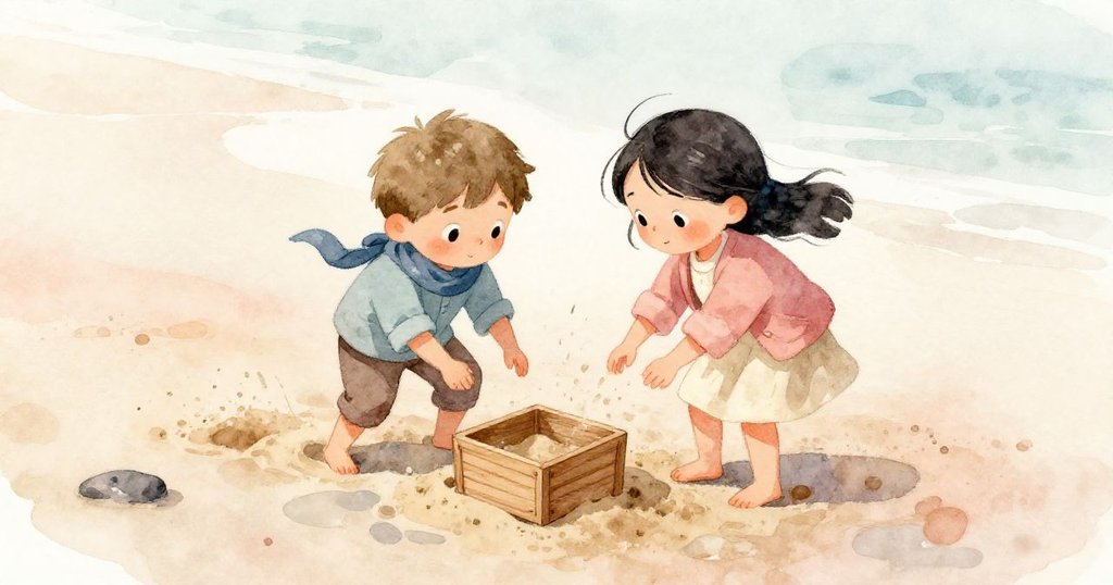 Leo與Mira在高角度畫面中合力清理沙子，露出被沙包圍的神秘木盒，場景充滿團隊合作與溫暖陽光。