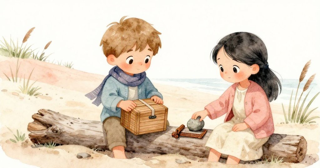 Leo與Mira在漂流木旁互動，Leo用圍巾包住木盒，Mira用石子輕敲生鏽鉸鏈，展現細膩操作與期待。