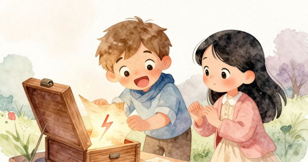 Mira歡呼著驚喜，木盒中露出舊紙卷與紅色閃電圖案，Leo與她共享神秘時刻，充滿喜悅氛圍。