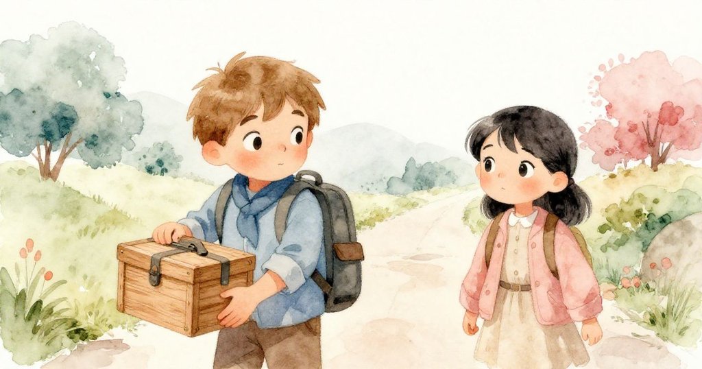 Leo將神秘木盒放入背包，Mira目光堅定注視前方，小徑引領他們展開全新旅程，背景充滿溫柔自然光。