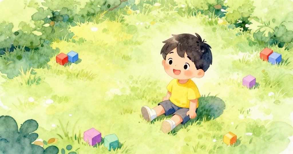 Kai坐在草地上，庭院充滿陽光，多彩積木散落，充滿溫馨與期待感，展現故事開端。