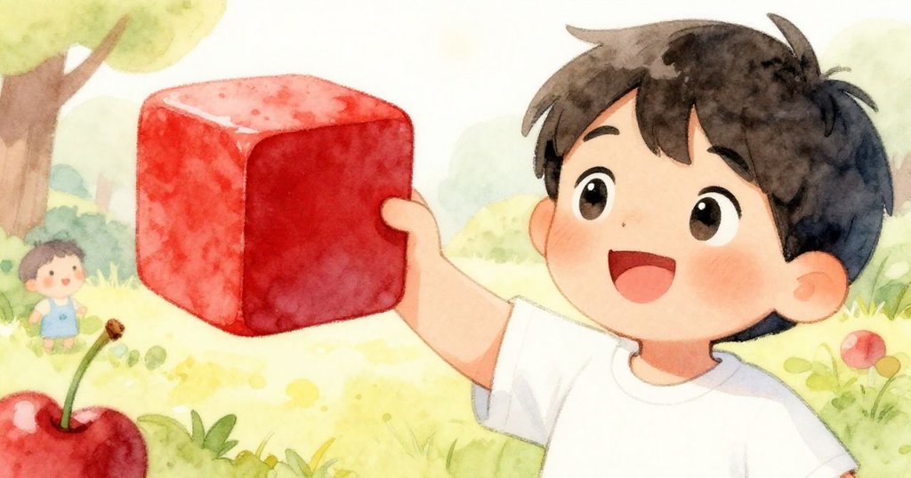 Kai小手托起閃亮的紅色積木，細節清晰，背景隱約展示庭院，表情專注而溫柔。