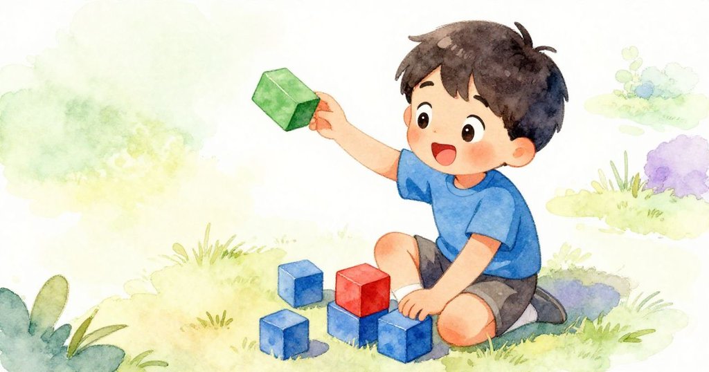 Kai在庭院中排列積木，藍色與紅色並排，綠色積木滑落引起驚訝，畫面充滿小孩專注動作。