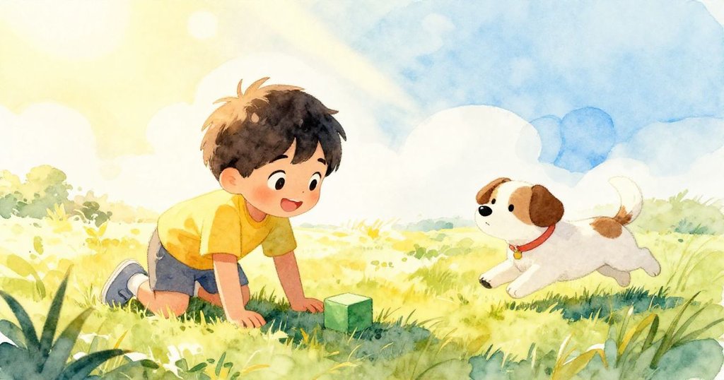 午後庭院中，Kai爬向綠色積木，小狗快速奔過，光影流轉，呈現時間變化與緊張前奏。