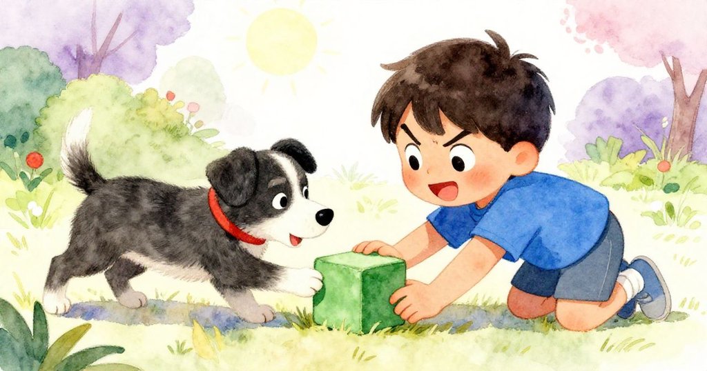 激動瞬間，狗爪輕推綠色積木，Kai急速趴下伸手搶回，畫面充滿緊張與決心，情感豐富。