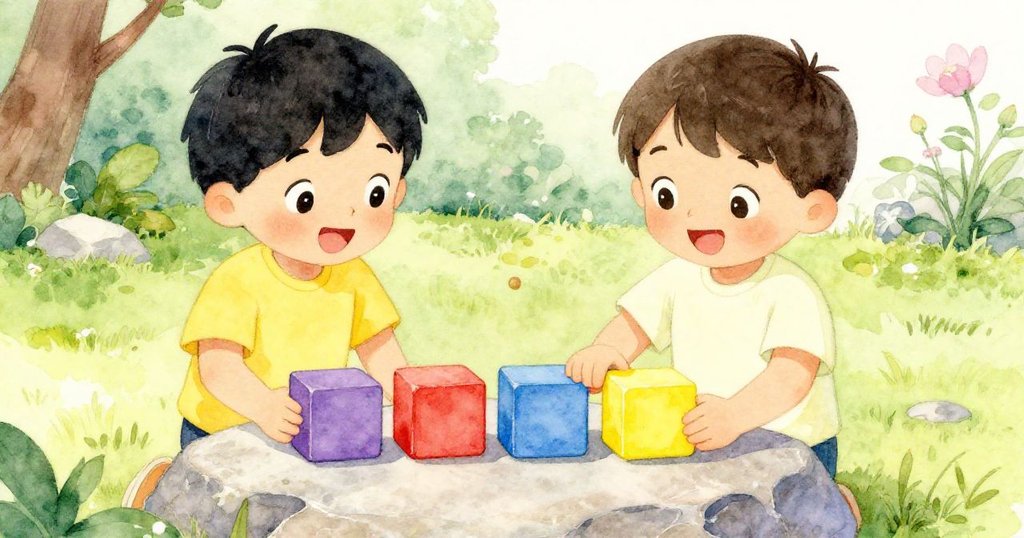 Kai將紅藍綠黃四彩積木齊整排放於石頭上，臉上露出滿足笑容，庭院恢復平靜與和諧。