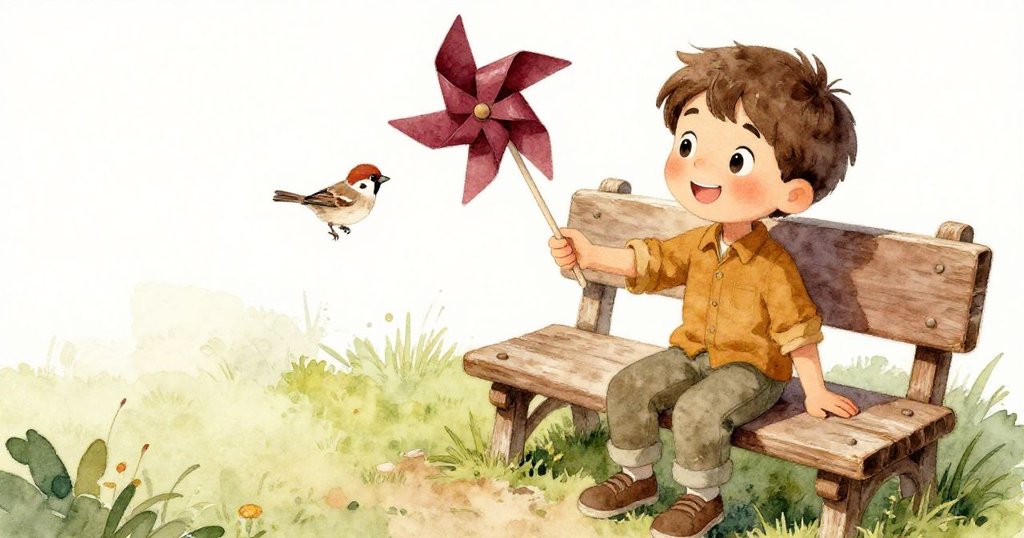 從上方俯視,樂奧坐在長椅上,懸掛的紙風車旁有一隻小麻雀,好奇輕觸紙風車,畫面溫暖而柔和