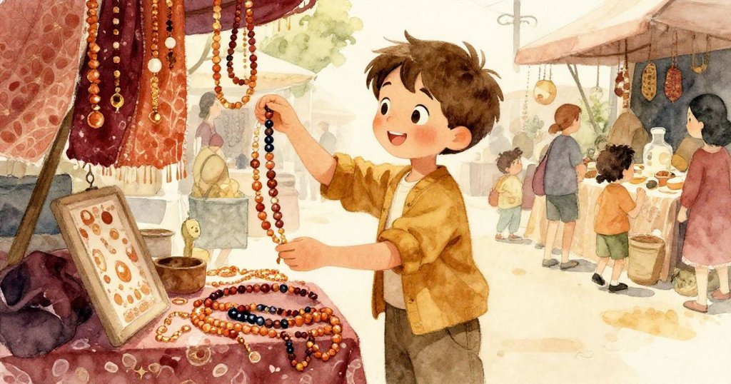 樂奧在熱鬧市集與彩色布攤互動,興奮地挑選著一顆閃亮的珠子,背景充滿生動市場氣息