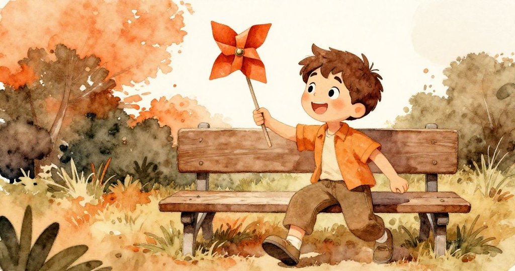 樂奧回到長椅前,快樂地將珠子固定在紙風車上,看著風車在暖陽下開始旋轉,創意之旅圓滿完成