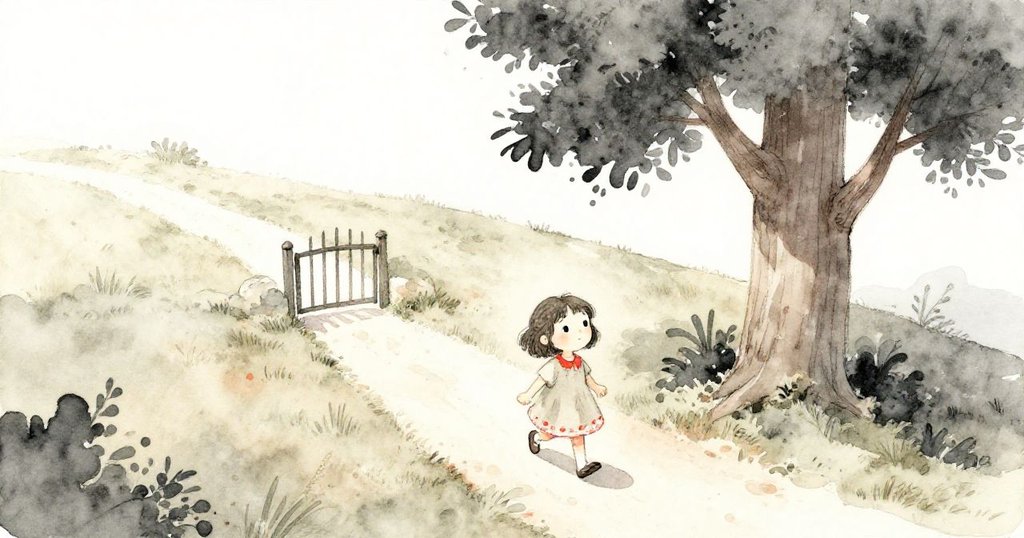 Mia 穿著輕便服裝從小門出發，高空俯瞰山丘、道路與高樹，展現開啟冒險旅程的期待與好奇。