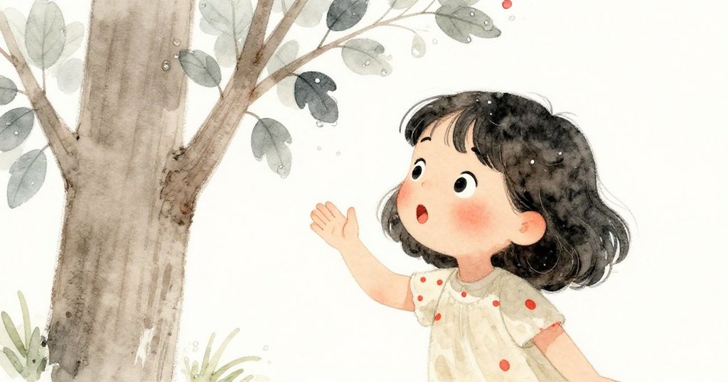 Mia 近距離注視高樹與露水閃亮的嫩葉，臉上充滿驚奇與喜悅，自然光柔和，透露出探索的熱情。