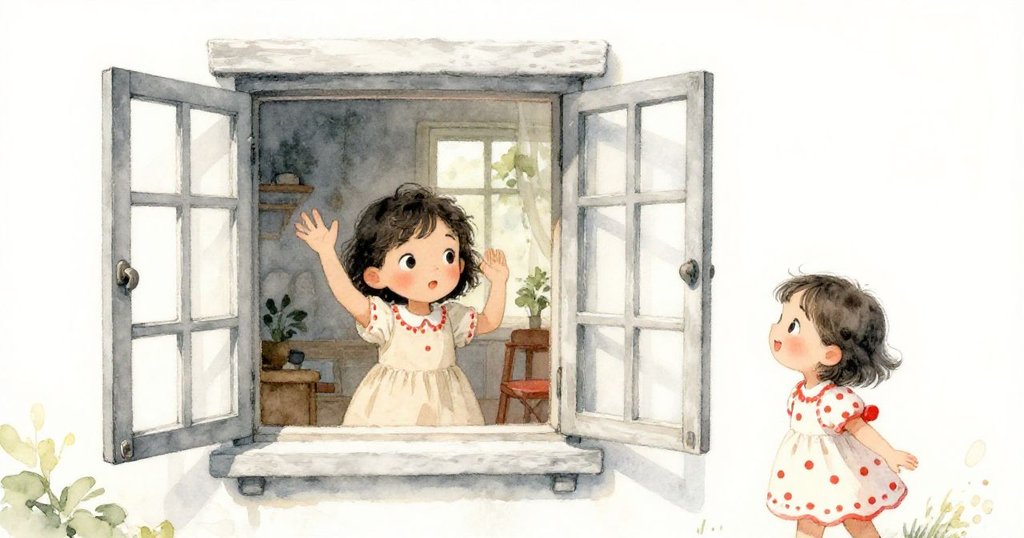 Mia 走到小屋前，透過半開的窗戶看見屋內小女孩愉快揮手，溫馨畫面傳遞家庭般的親切與歡樂。