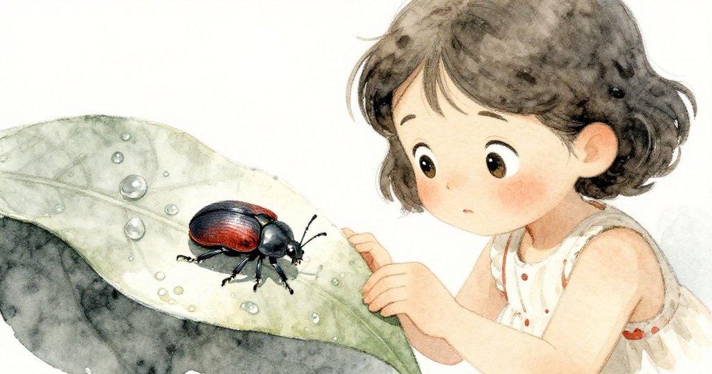 Mia 停下腳步觀察嫩葉上緩爬的甲蟲，臉上露出驚奇與好奇之情，自然細節豐富令人讚嘆。