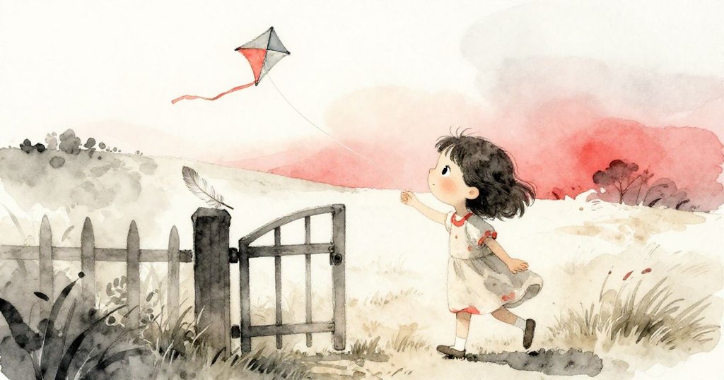 Mia 回到小門旁，留意散落羽毛及飄浮風箏，周遭山丘與小屋靜謐清新，旅程圓滿結束。