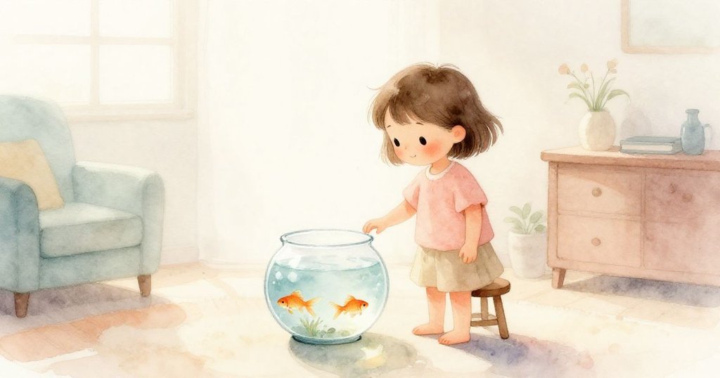 Bela站在凳子上準備開始任務,房間中晨光柔和、氣氛寧靜,背景露出窗外微霧與溫暖光線,充滿期待與安心。