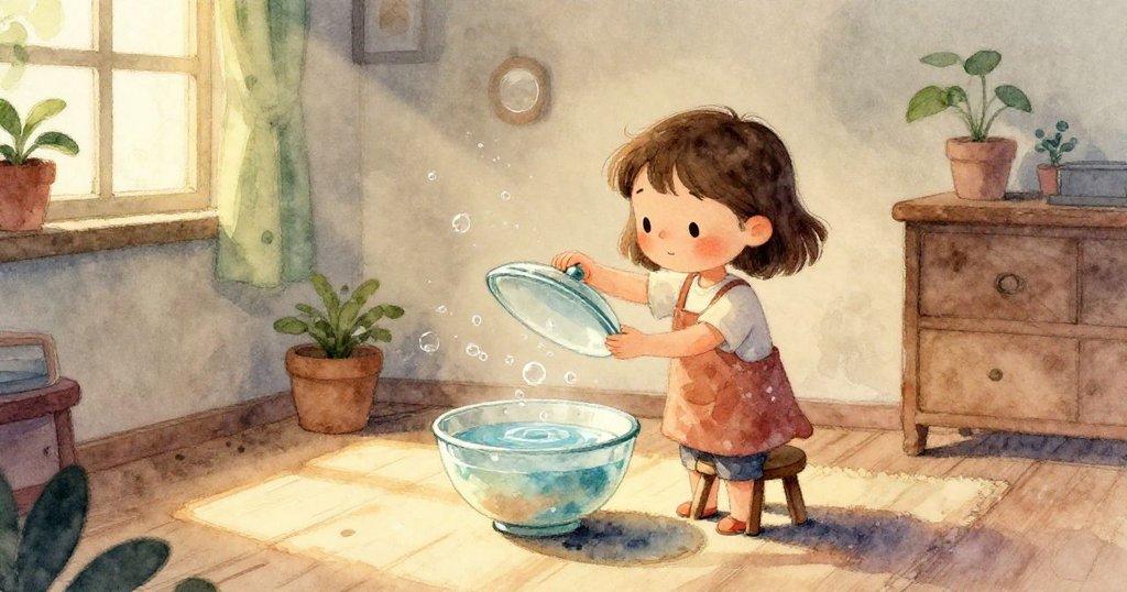 Bela正凝視水面展現驚奇神情,臉部特寫捕捉好奇與期待,背景以柔和色彩營造溫馨家庭氛圍。