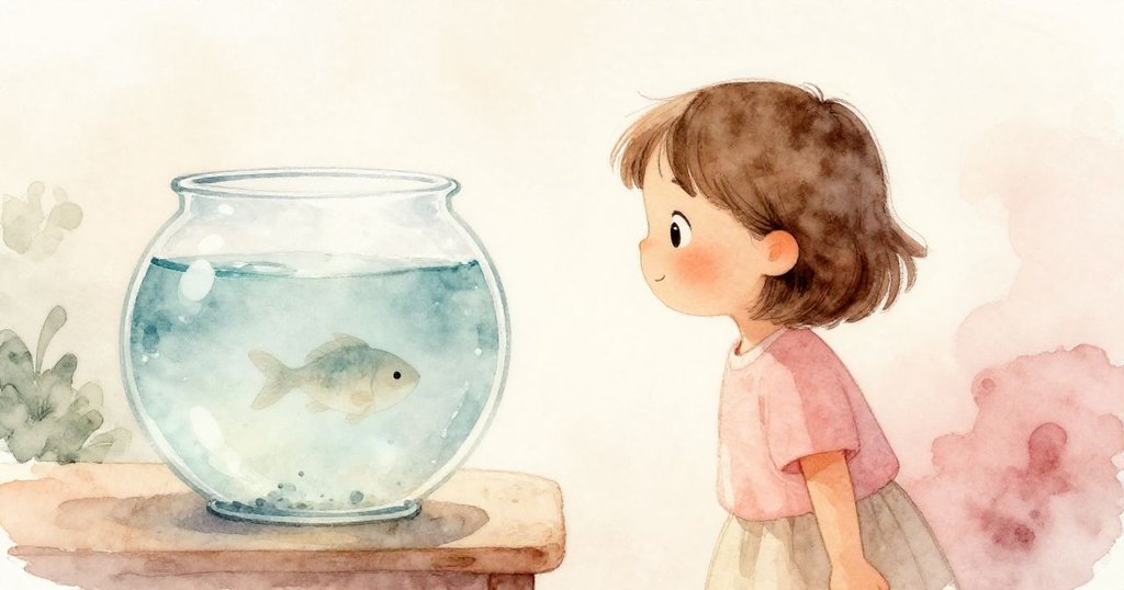 Bela站在柔光中,望著平靜水面滿懷期待,玻璃杯內新魚形隱現,溫馨室內中充斥著滿足與新發現的未來希望。