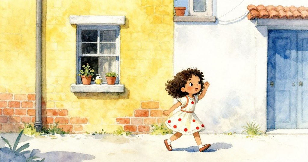 妮娜沿著充滿陽光的城市小巷行走，臉上充滿好奇心，身旁磚牆和小窗散發著溫暖魅力。