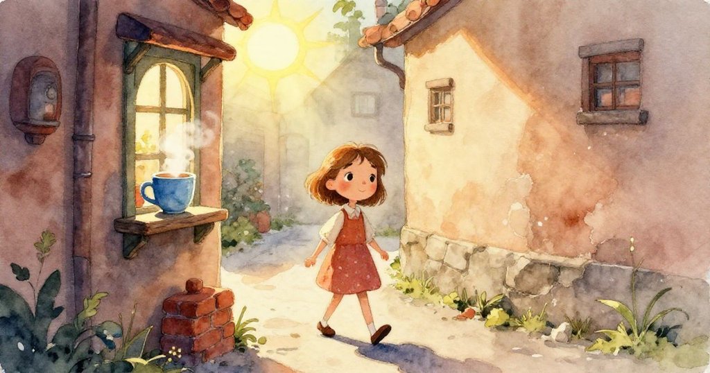 妮娜仔細觀察架上藍色大杯，手勢輕柔，杯上蒸氣柔和飄散，畫面細膩溫馨。