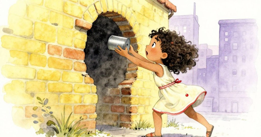 妮娜運用小鐵罐安置於高圓洞下，正努力攀爬探查，充滿決心與創意的動態場景。