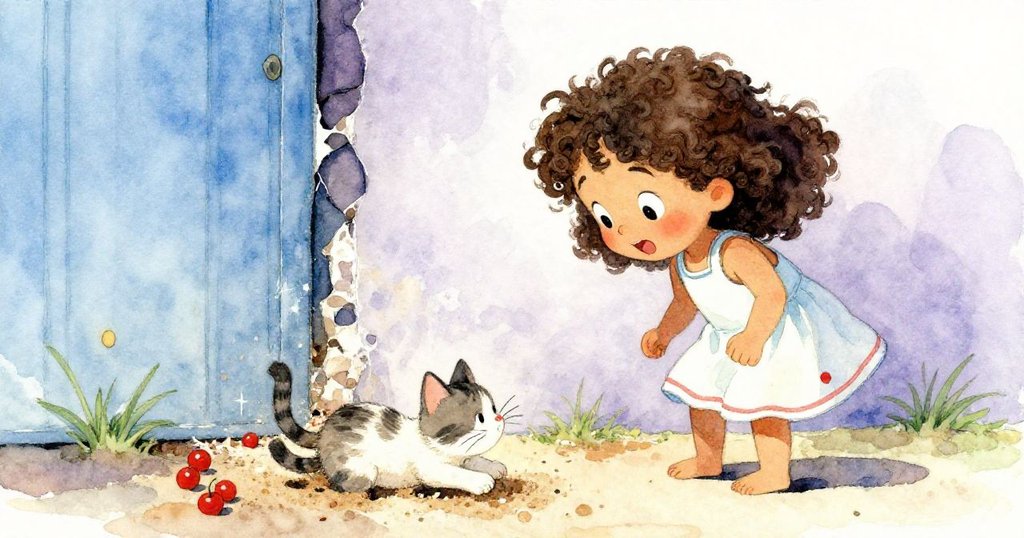 妮娜透過洞口發現一隻活潑小貓在塵土中嬉戲，她伸手輕觸小貓，臉上滿是溫柔喜悅。