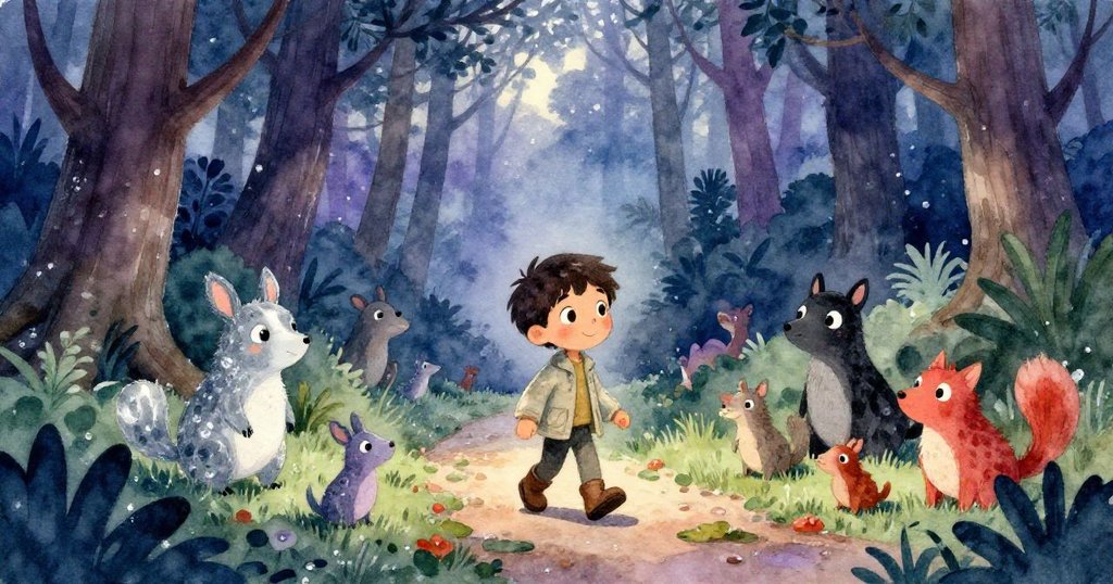 湯姆在清晨霧氣瀰漫的小徑上行走，周圍聚集著各種森林小動物，濕潤樹葉閃著光，表情充滿好奇與期待。