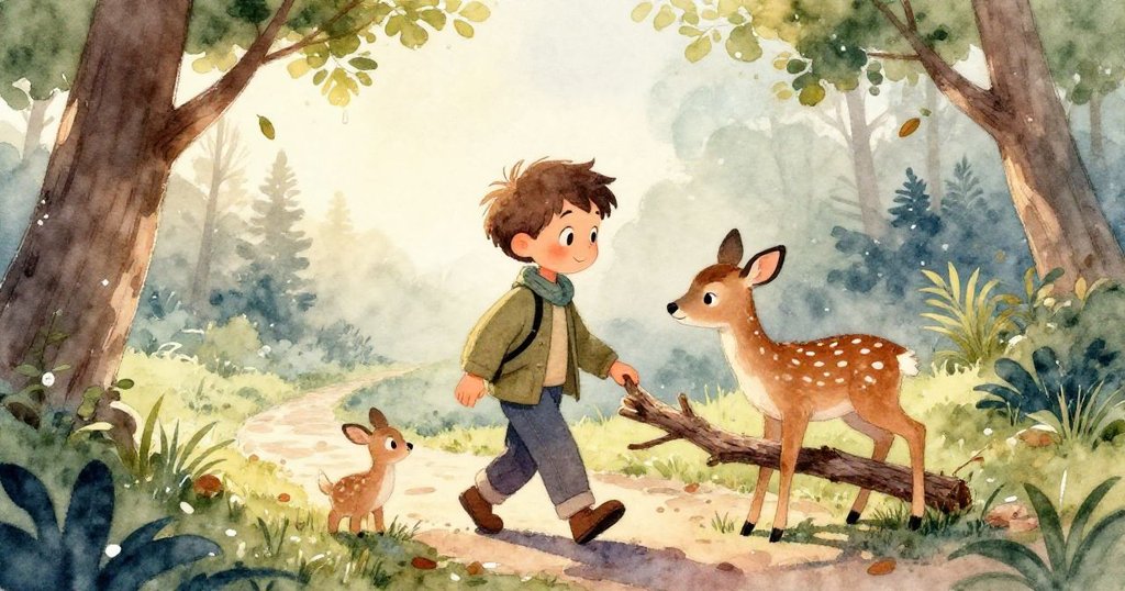 湯姆專注地用力推動厚重樹枝，指尖緊握著樹皮，樹上有隻小螞蟻爬行，充滿溫柔關懷與趣味。