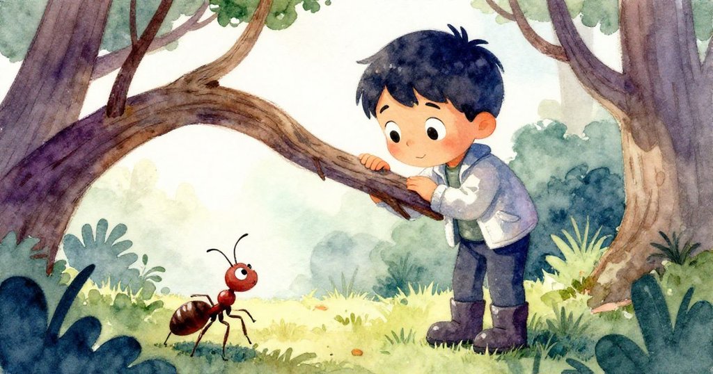 從小鹿的視角看見湯姆滿載關懷的臉龐和厚重樹枝，螞蟻在樹皮上爬行，傳遞出自由希望的光芒。