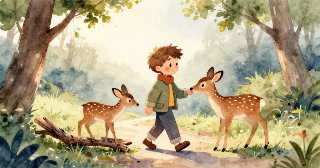 在隱蔽的樹林角落裡，小鹿的腿被纏繞的樹枝困住，周圍蕨類叢生，斑駁陽光灑下，場景充滿神秘魔幻氣息。