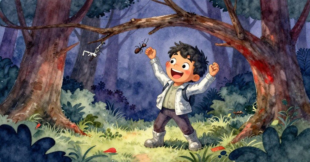 湯姆因螞蟻輕撓而大笑，搖動手臂推動樹枝，臉上滿是果斷與喜悅，背景呈現靜謐森林光影。