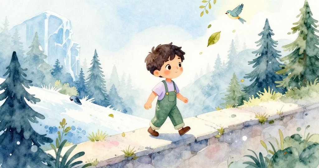 Milo 走在陽光普照的牆邊，鳥瞰視角展現綠意盎然環境，温暖光線灑下，葉子隨風飄動，充滿好奇與輕鬆。