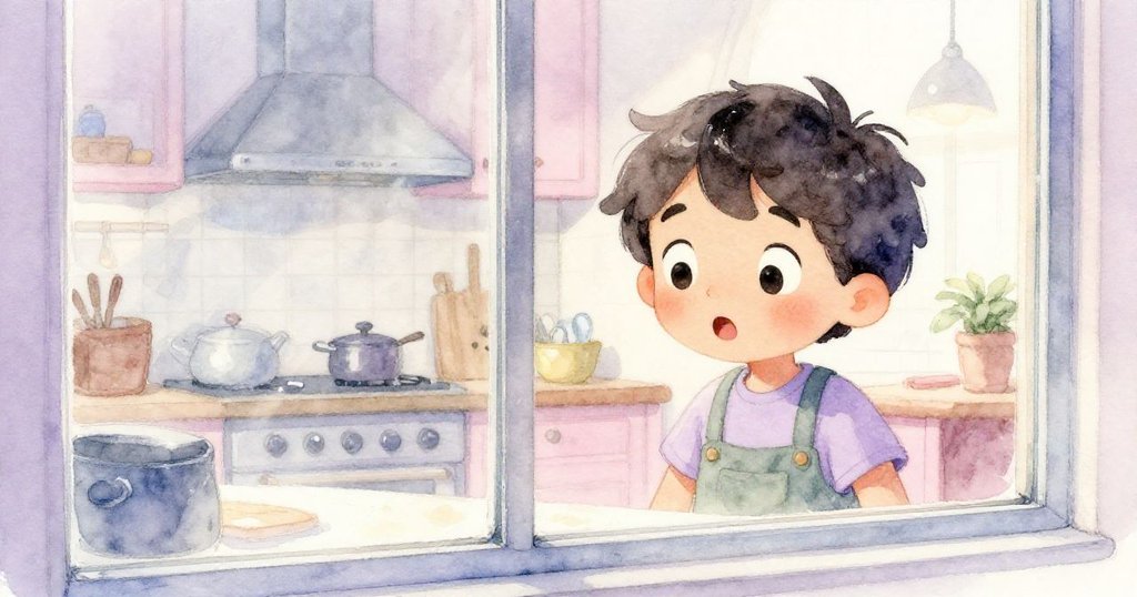 Milo 透過玻璃反射看見溫馨廚房，他的臉上露出驚奇表情，柔和光影中展現探索與好奇的瞬間。