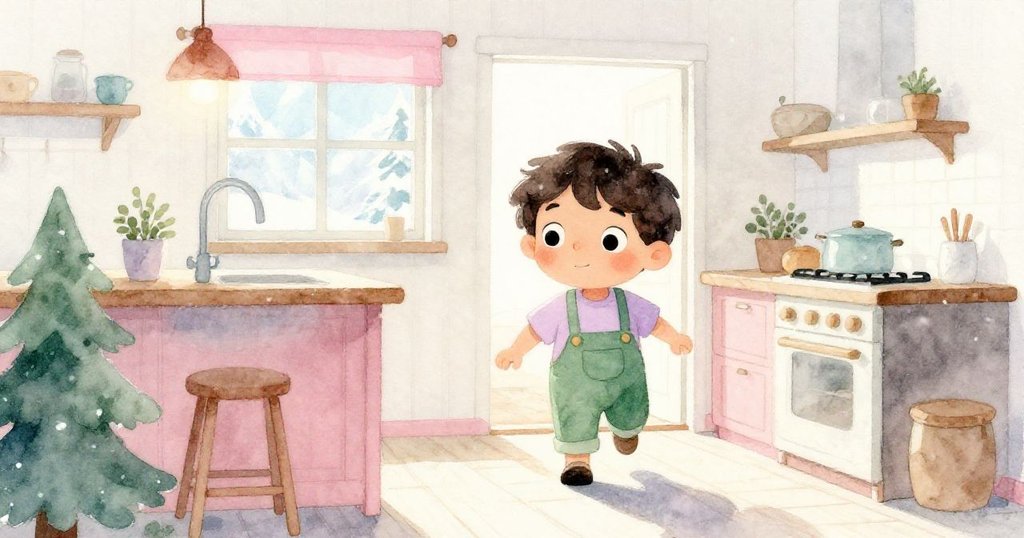 Milo 踏入溫馨廚房，輕觸窗框觀看室外自然美景，室內燈光與外界陽光交融，展現探索與舒適感。