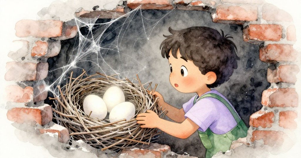 Milo 好奇探查磚牆縫隙中編織的巢穴，見到三顆閃光蛋，光影斑駁中流露出驚奇與欣喜。