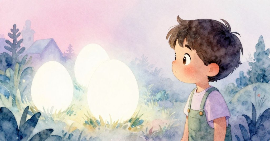 Milo 靜立凝望隱藏在光暈中的白蛋，象徵秘密美好與希望，自然與家居融合，營造詩意與靜謐結局。