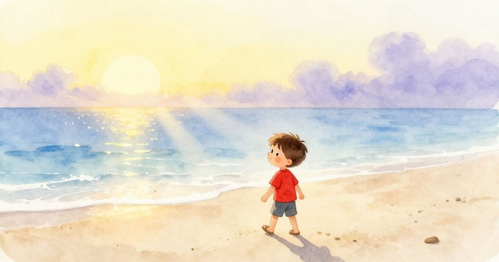 Milo 在早晨薄霧中的海灘上漫步，柔軟的沙灘在陽光照射下閃閃發光，他滿懷期待開始他的冒險旅程。