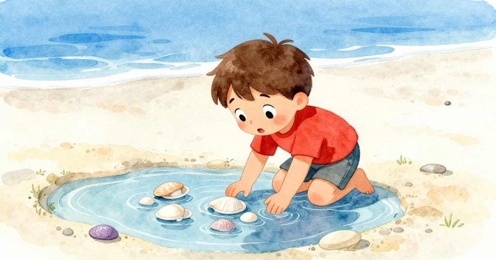 Milo 俯身仔細觀察沙灘上淺水池中覆蓋的光滑貝殼，陽光照耀下展現出大自然的奇妙，充滿好奇與驚喜。