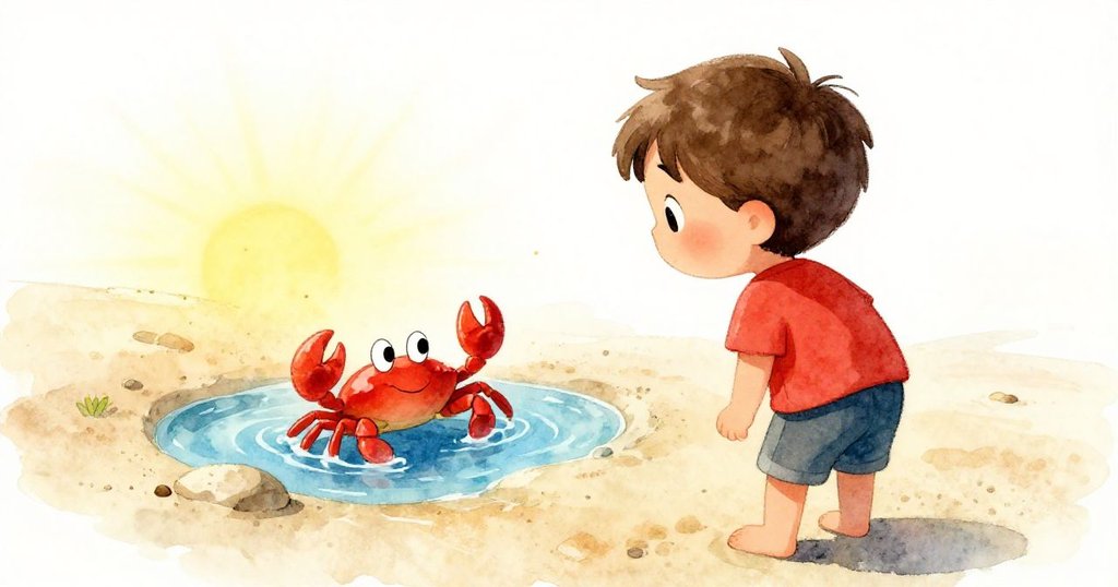 Milo 回頭望向淺水池，一隻小螃蟹舉起紅色小爪子向他打招呼，他表情驚喜且充滿好奇。