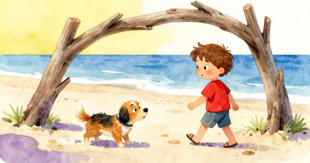 Milo 與一隻濕狗在夏日海灘互動，狗狗搖動水珠四散飛揚，木頭拱門與明亮沙灘營造出歡樂氛圍。