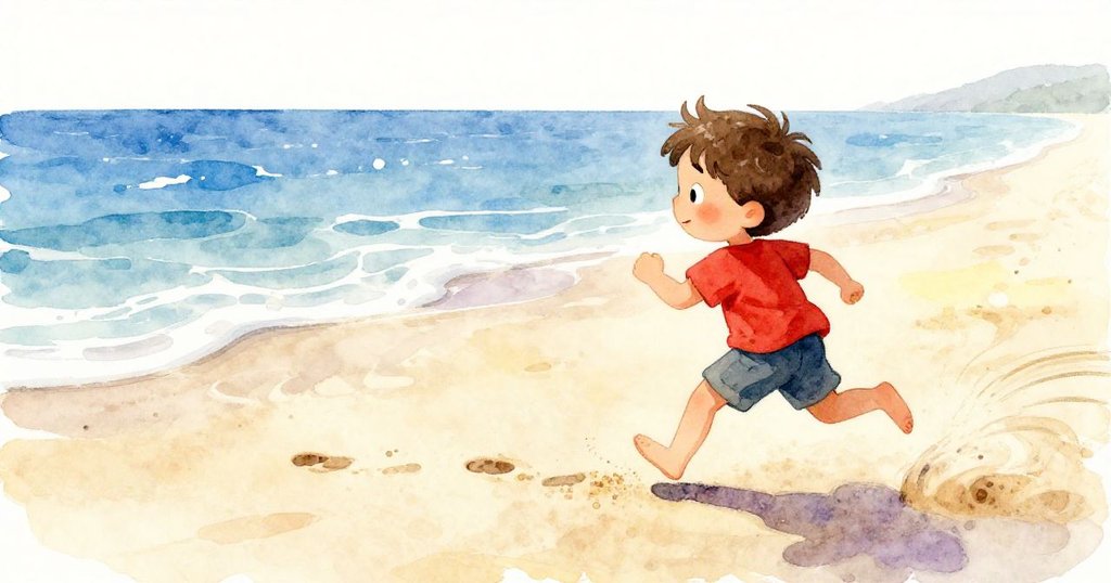 Milo 奔跑在風中揚起沙塵，趕往那道微弱留存的腳印，神情充滿決心與活力，沙灘上動態十足。