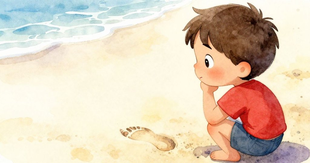 Milo 靜立於沙灘上，注視著那唯一微弱的腳印，神情溫柔深思，象徵著時光流逝與美好回憶。