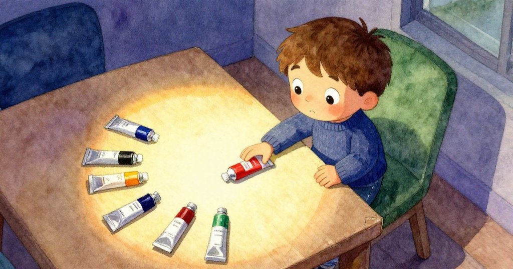 Sam 站在桌邊，溫暖光線灑落在紙板上，桌上散落著紅藍綠管子，他正準備開始探索，充滿好奇與期待。