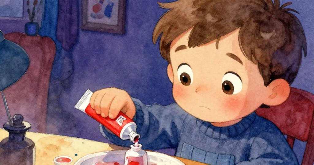 Sam 的雙眼近距離特寫，專注地凝視著手中的紅管，背景呈現溫馨室內紙板紋理，充滿期待與好奇。