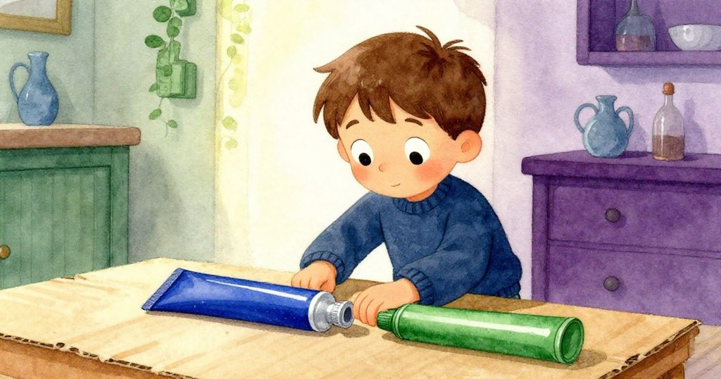 Sam 仰望畫面，正舉起藍管與綠管安排在桌上，背景突出紙板紋理，他滿懷決心與興奮探索新事物。