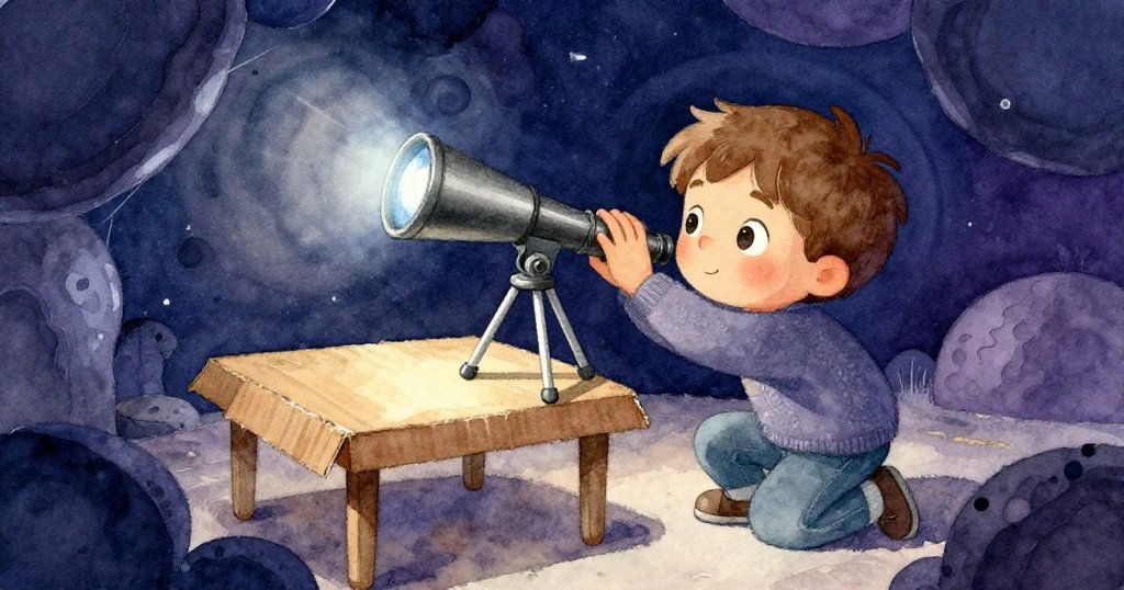 Sam 蹲下追趕滾動的望遠鏡，他伸手抓住閃亮玻璃端，桌下隱藏光影，臉上流露出既失落又堅定的情緒。