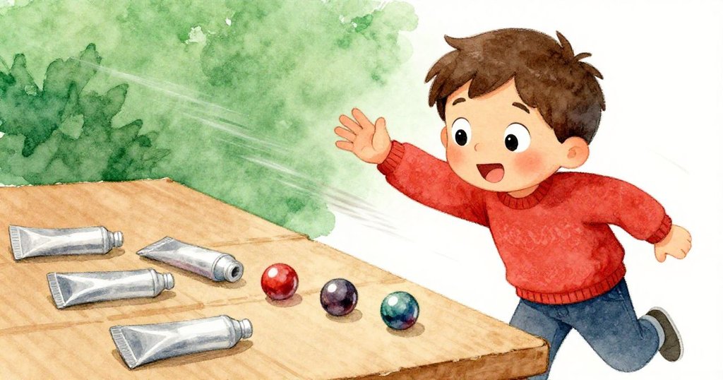 Sam 眼中流露出驚喜，看著小彈珠滾出，他迅速伸手調整位置，桌上管子排布整齊，動感十足充滿活力。