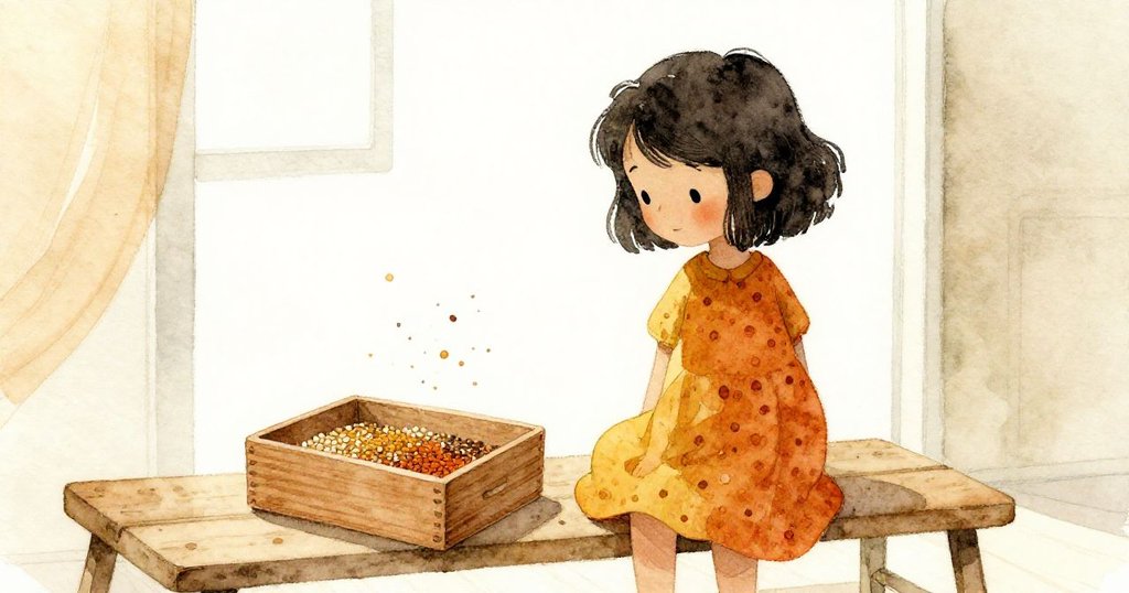 Lena 坐在光亮房間的長椅上，低調準備整理種子，剪影中顯露出溫暖期待，開始她的播種之旅。