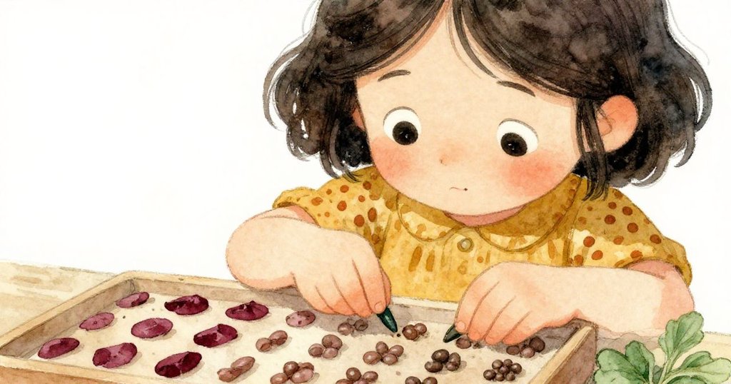 Lena 集中精力整理整齊種子，她的表情專注溫柔，臉上洋溢著準備播種的喜悅與期待。