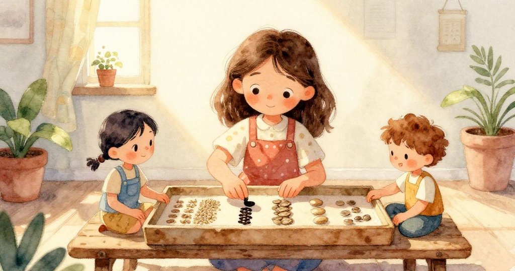 Lena 操作種子時，小螞蟻從底部觀察，滾動種子阻住牠的路徑，呈現細膩互動與自然情景。