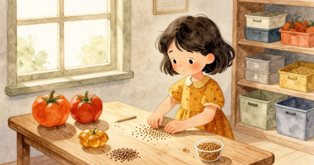 Lena 在溫暖儲藏室中整理種子，窗外金色陽光灑入，營造出安靜而充滿期待的收穫時刻。